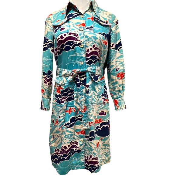Toby Tanner Vintage 60s Abstract Belted Shirt Dress, Pockets, Blue Orange 10 - Picture 1 of 10